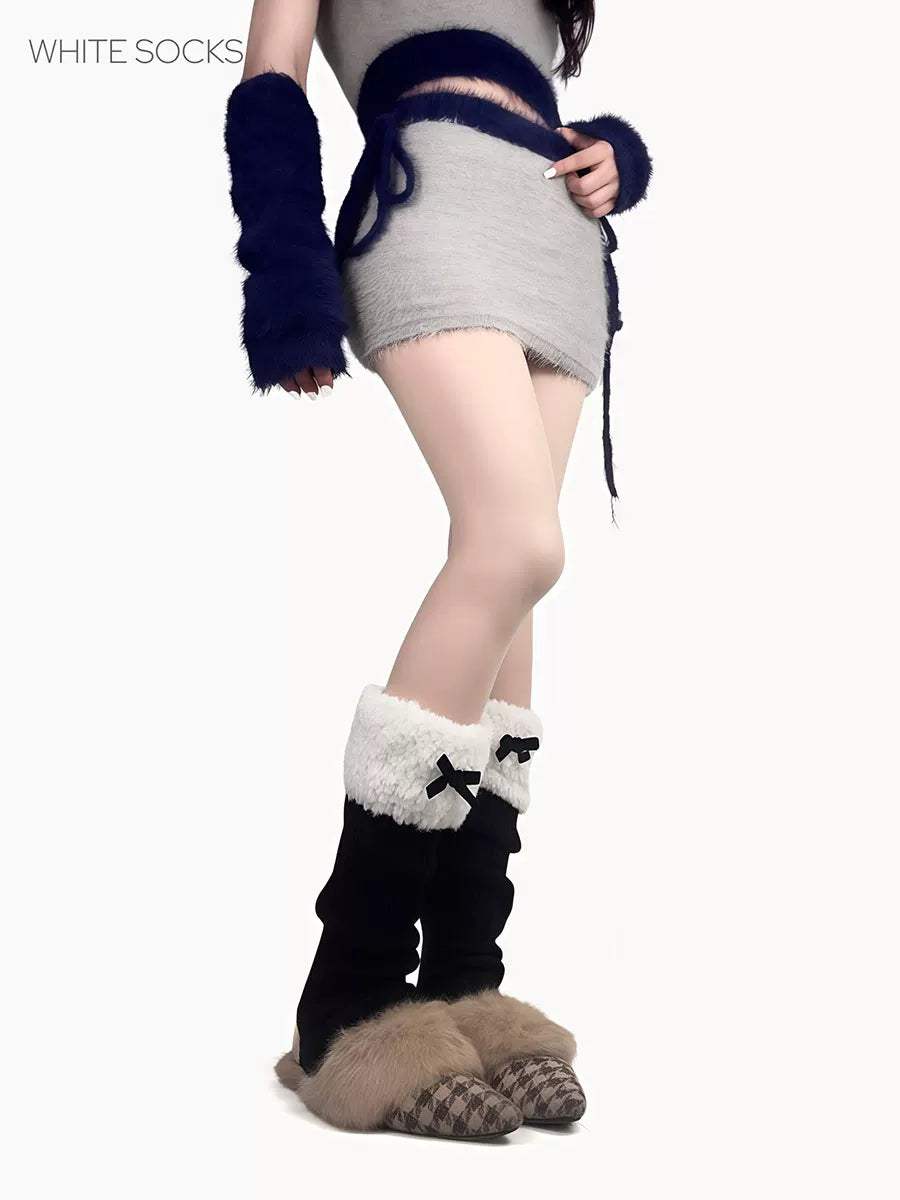 White Socks - Fleece Bow - Stirrup Knit Leg Warmers with Fleece Cuffs