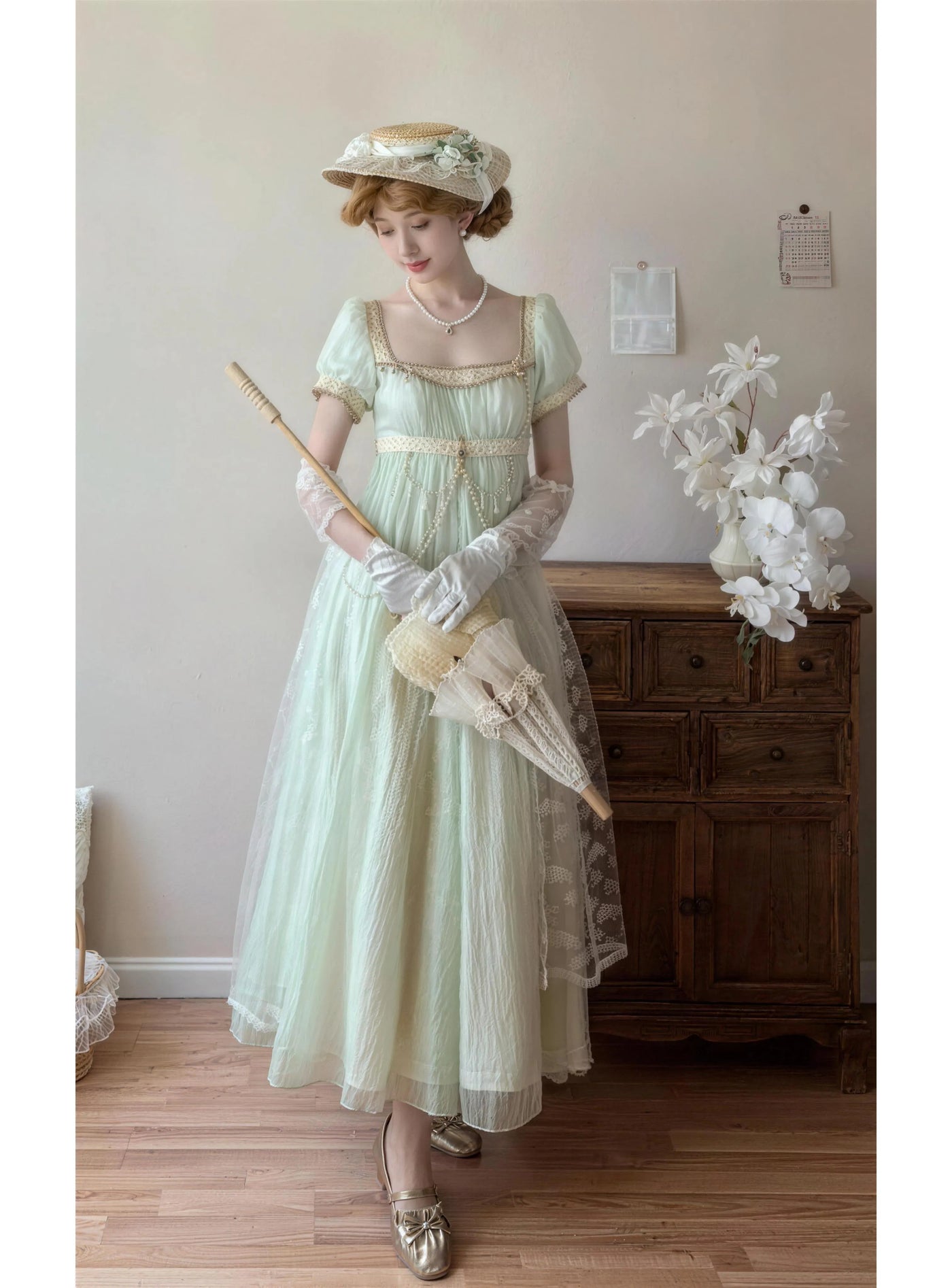 Creamy - Mint Courtly Empire - Green Lolita Dress with Gold Trim