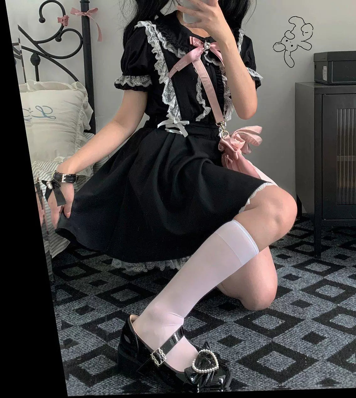 Sweetheart Dream Machine - Honey & Sweet - Pink or Black JSK with Lace Trim and Ribbon Ties