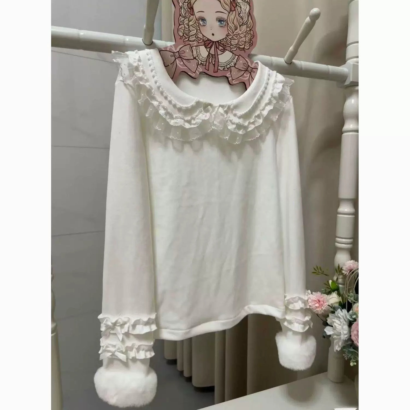 Sweetheart Dream Machine - Doll Collar - White Long-Sleeve Top with Layered Lace Ruffles