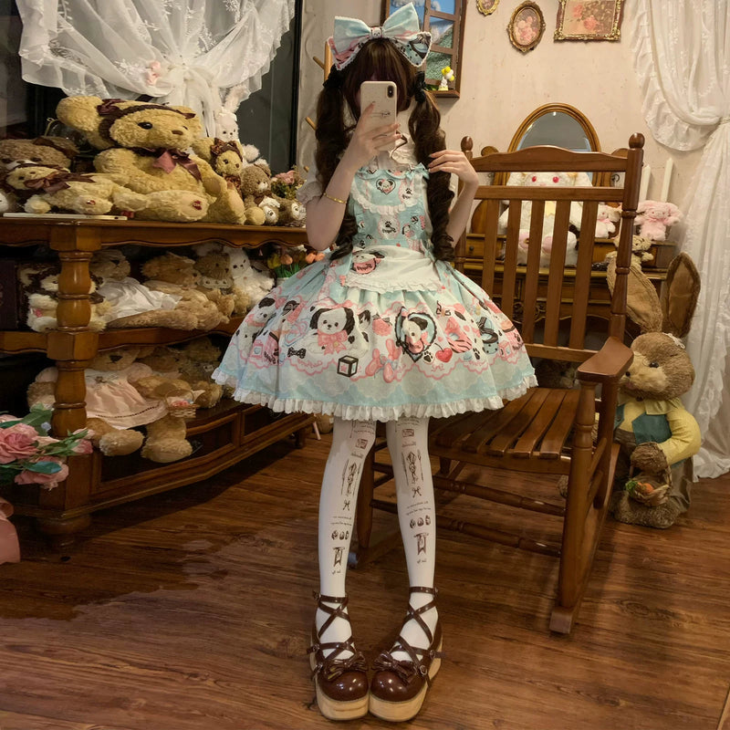 Yanran - Sweet Puppy Print Lolita OP - One-piece Sweet Lolita dress