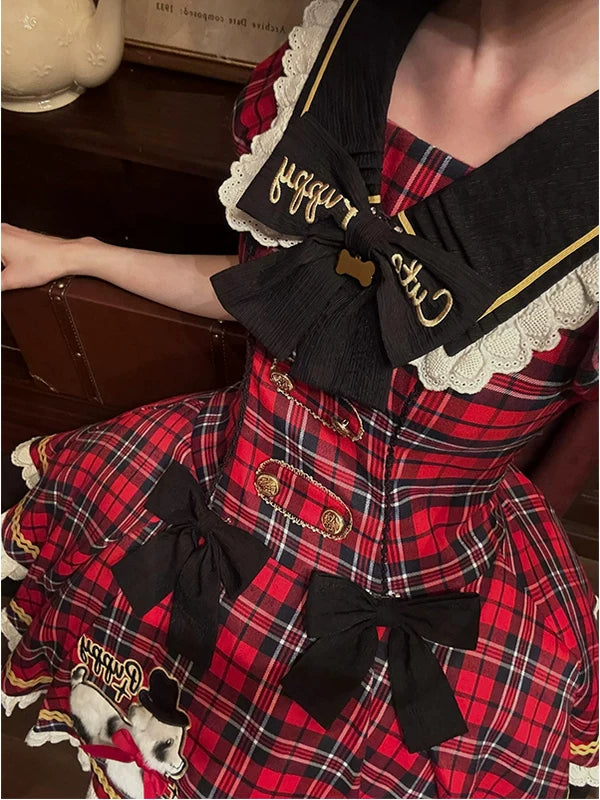 Creamy - Vintage Plaid - Red Plaid One-Piece Dress with Black Bows