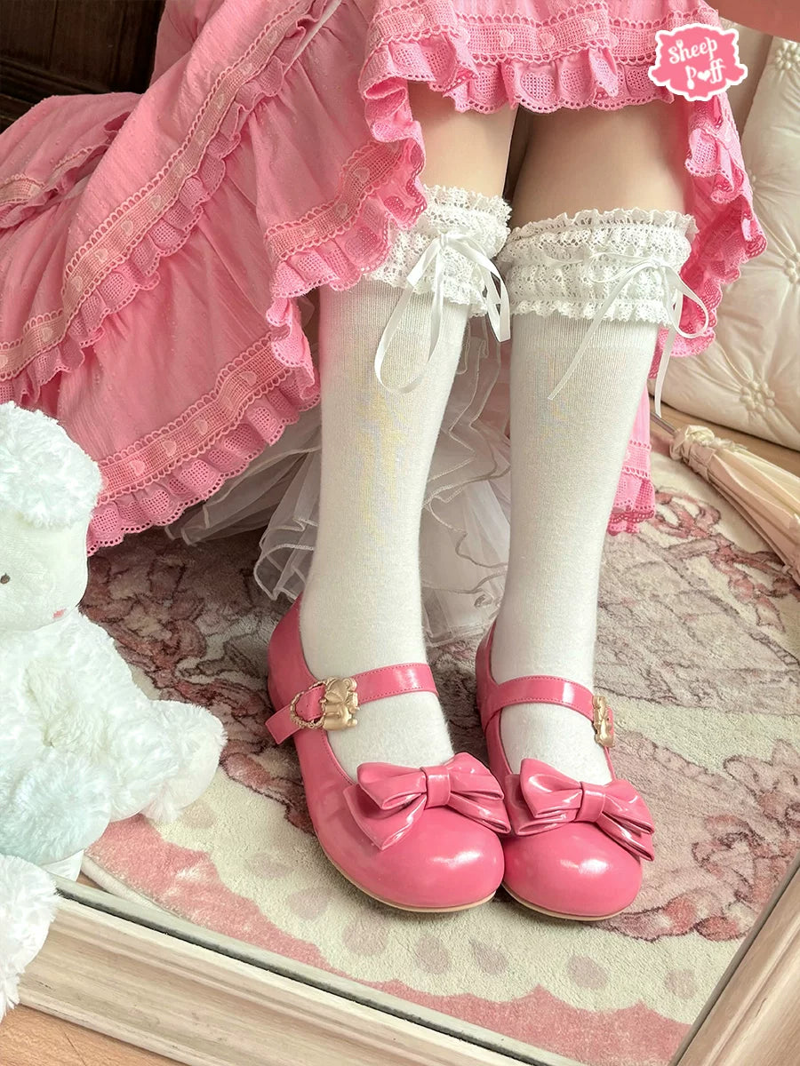 Sheep Puff glossy mid heel Lolita shoes featuring sheep puff design and cute bear accents, perfect for fashionable footwear.