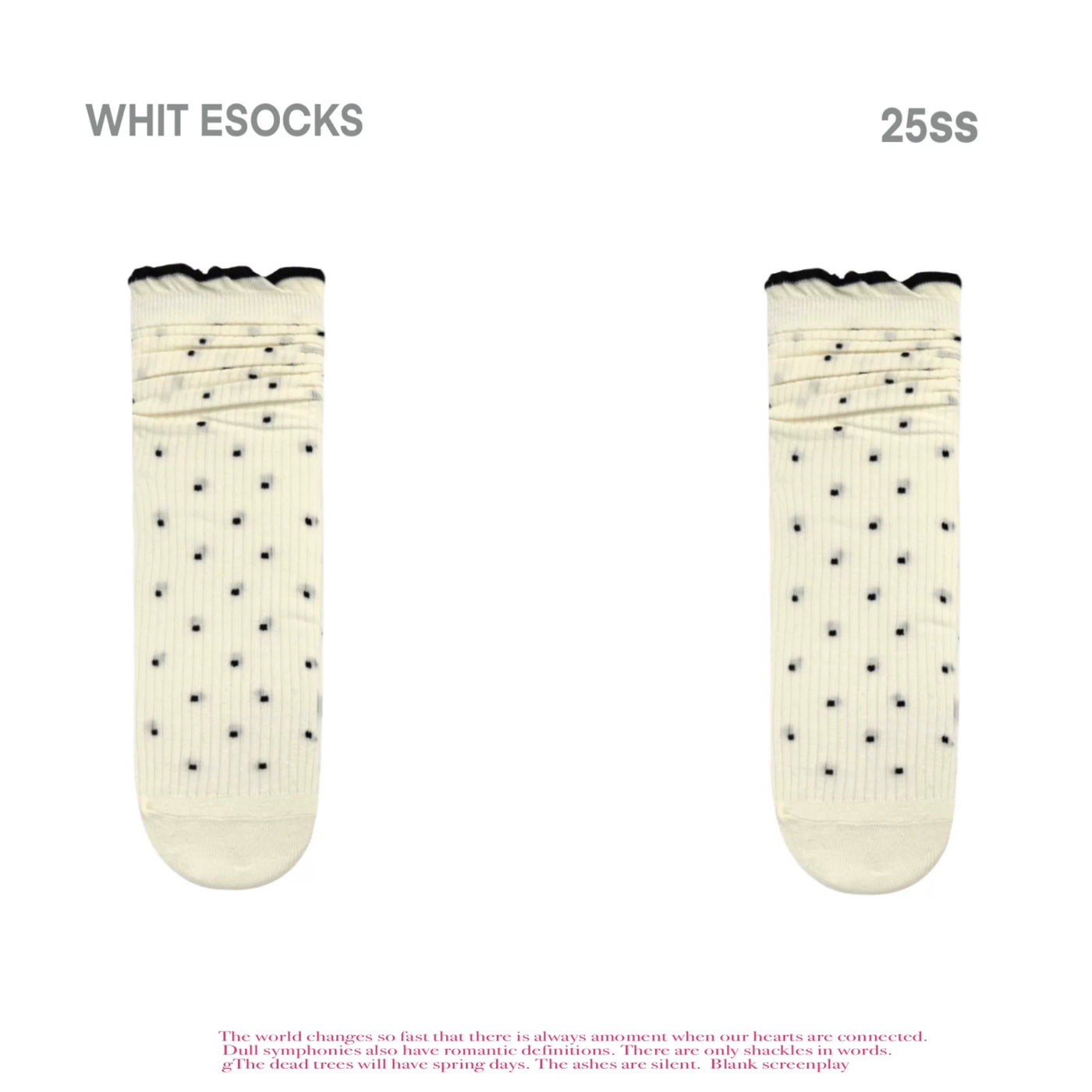 White Socks - Polka-Dot Rib - Cotton Polka-Dot Mid-Calf Slouch Socks with Scalloped Cuffs