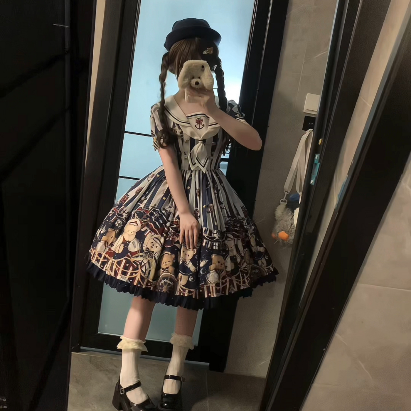 Alice - Navy Bear - OP one-piece dress with sailor collar and teddy bear print