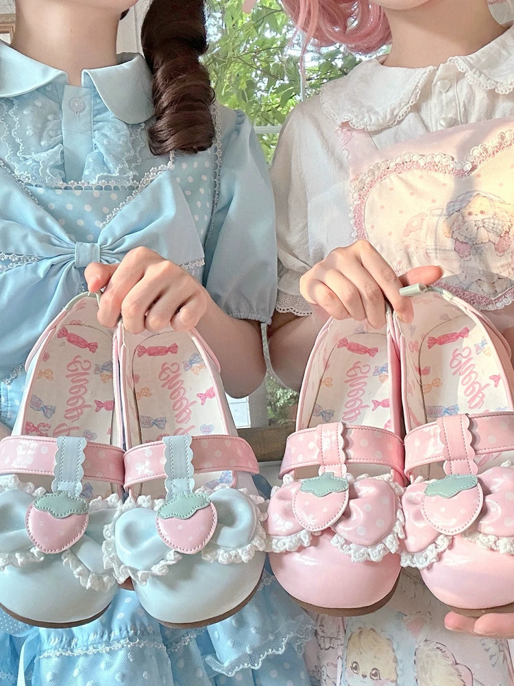 Sheep Puff Strawberry Dango Low Heel Lolita Shoes featuring cute sheep puff design and pink strawberry dango embellishments.