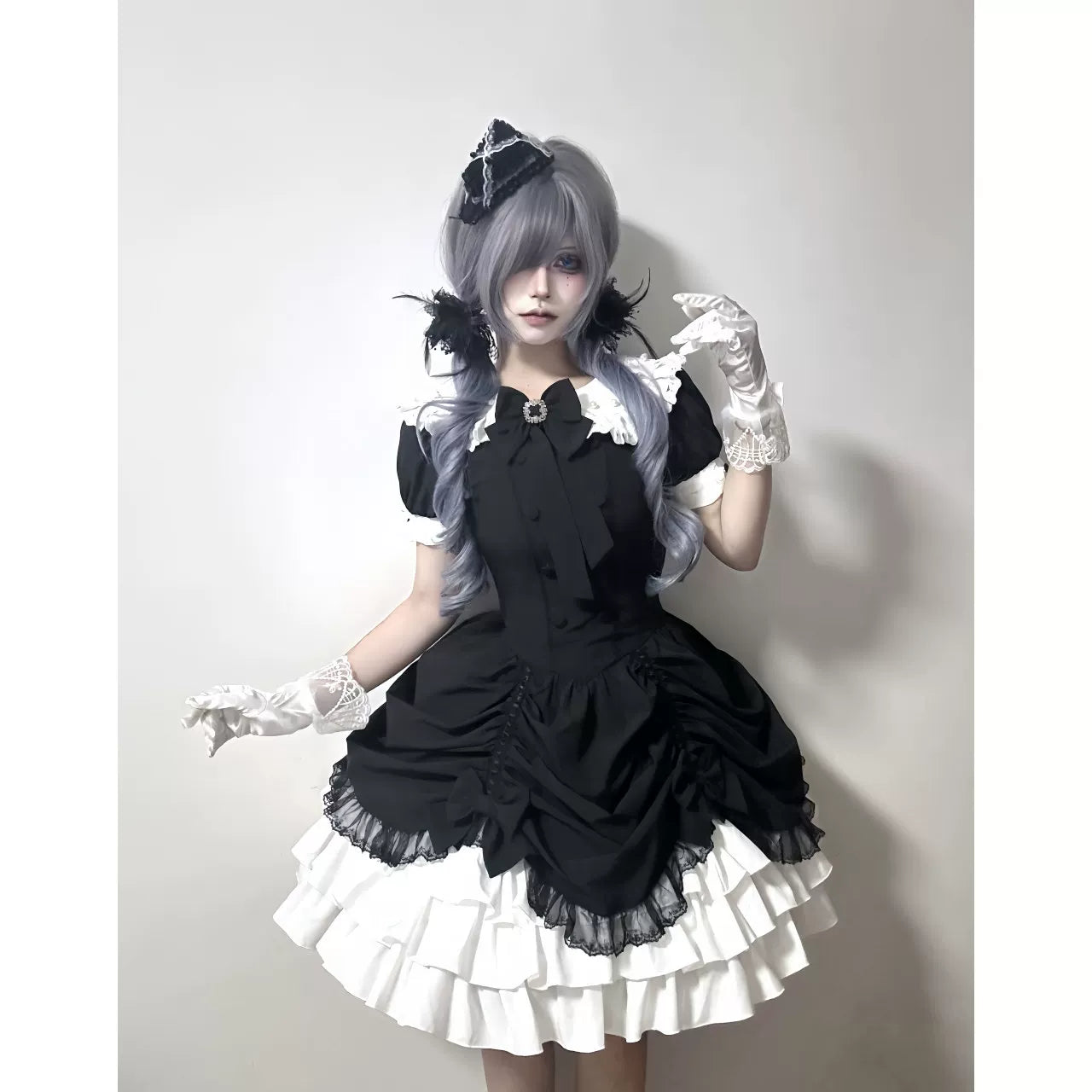 Creamy - Midnight Heirloom - Black-and-White Gothic Lolita Dress with White Ruffle Trim