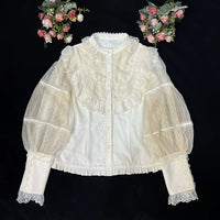 DMFS Lolita - The Heart of the Rose - Elegant Retro Lolita Skirt High Waist SK Blouse - S / Beige shirt-Stand collar