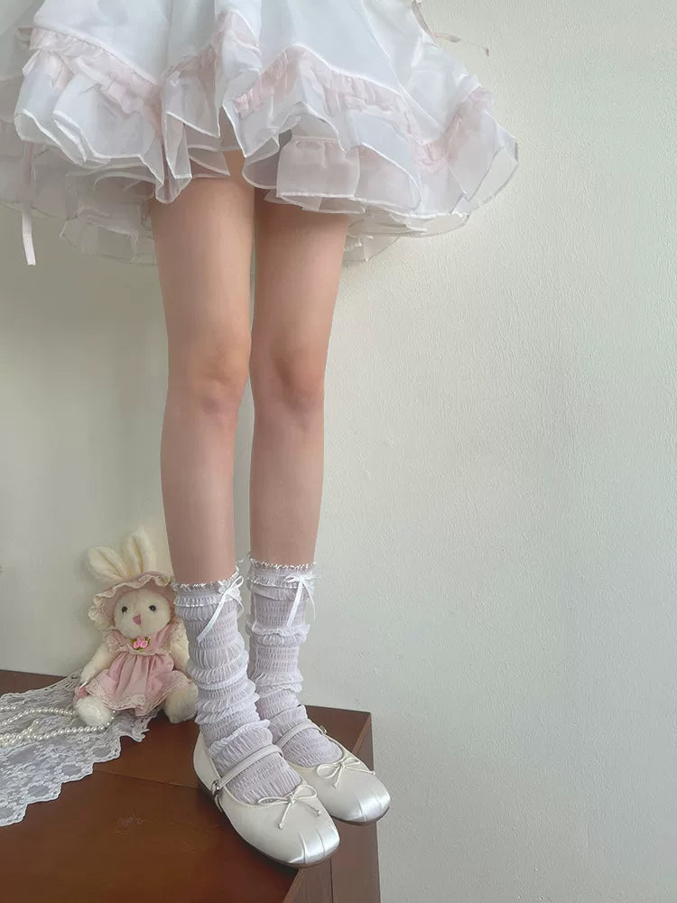 Sock Noble - Organza Bow - Sheer Mid-Calf Socks with Organza Lace Trim