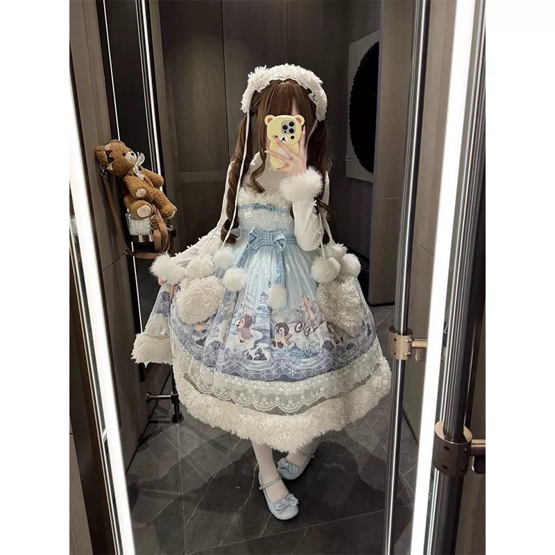 Creamy - Winter Princess - Fluffy Trim JSK Dress Set with Headband and Arm Sleeves