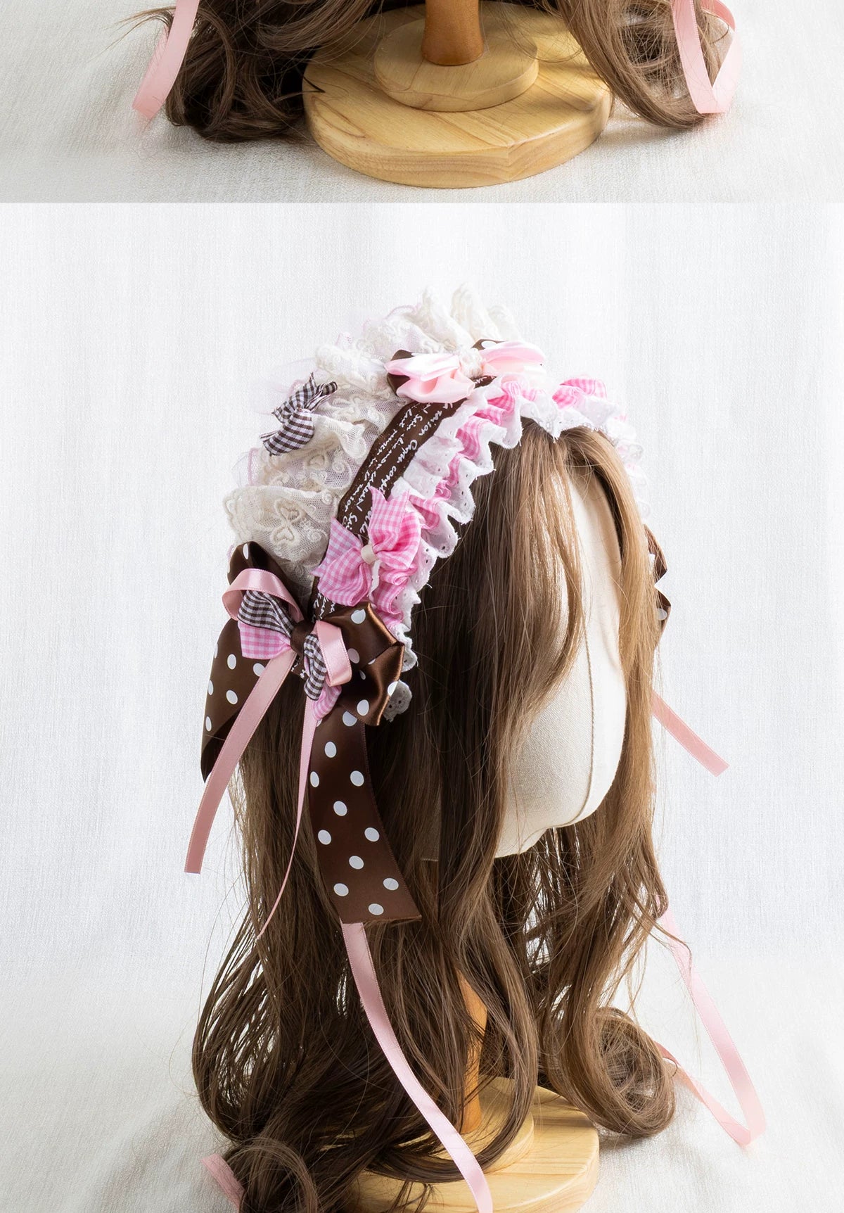 Lightbound Narrative - Chocolate Polka Dot - Headwear Options with Layered Lace and Ribbon Bows