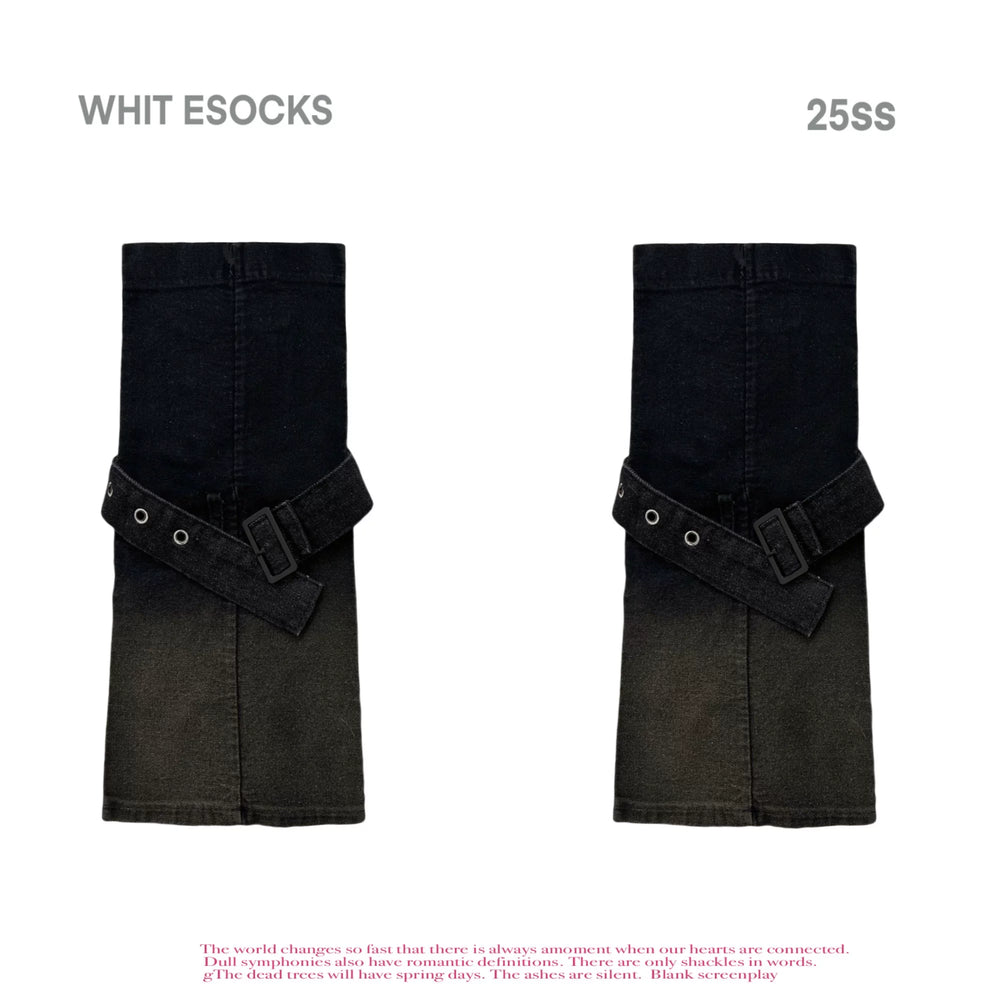 Black + Blue two-tone denim sock cuffs with adjustable straps, mid-calf length