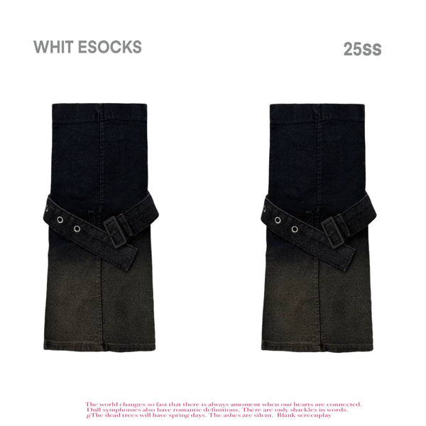 Black + Blue two-tone denim sock cuffs with adjustable straps, mid-calf length