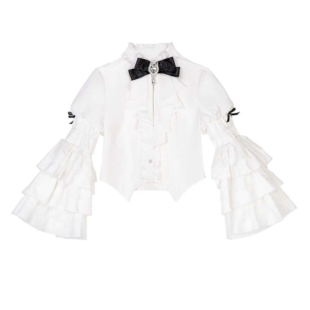 White blouse with a black bow and decorative hat shown as separate Gothic Lolita components.