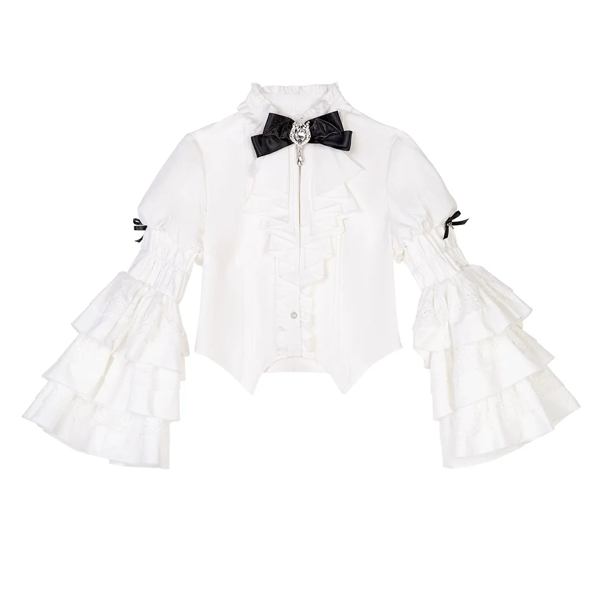 White blouse with a black bow and decorative hat shown as separate Gothic Lolita components.