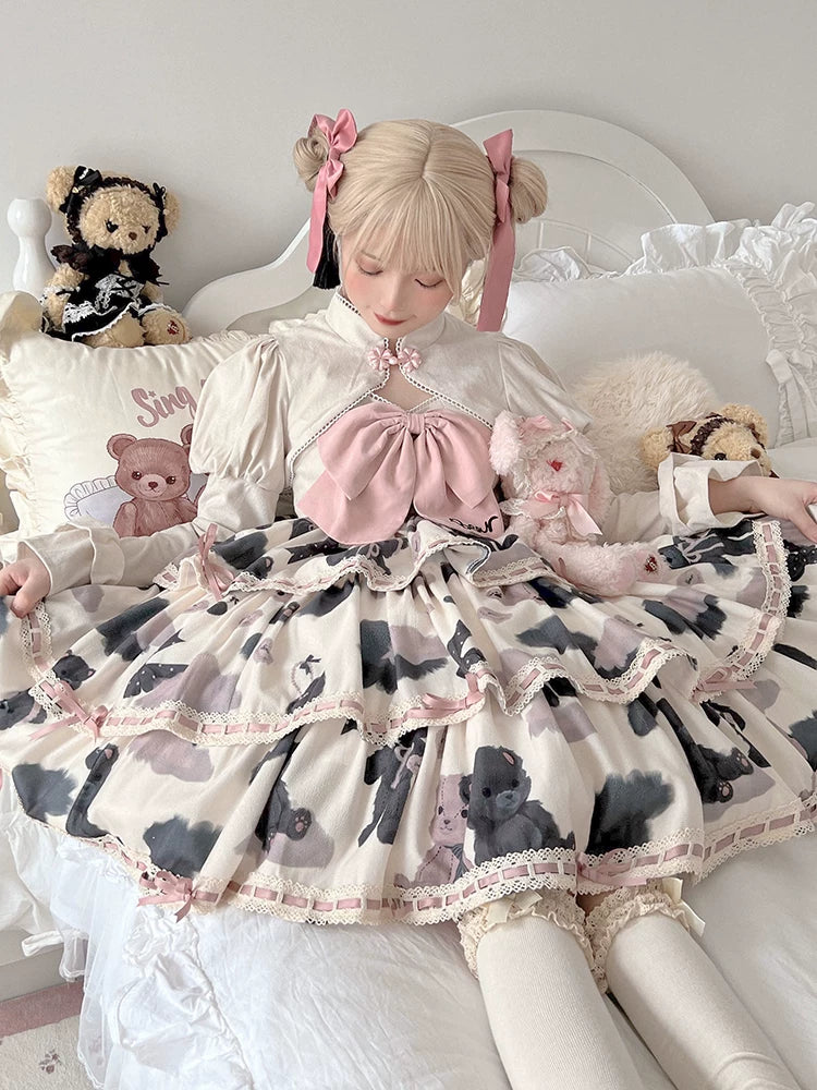 Baozi Pig - Teddy Bear Tiered - Three-Tier JSK Dress with Lace Edging