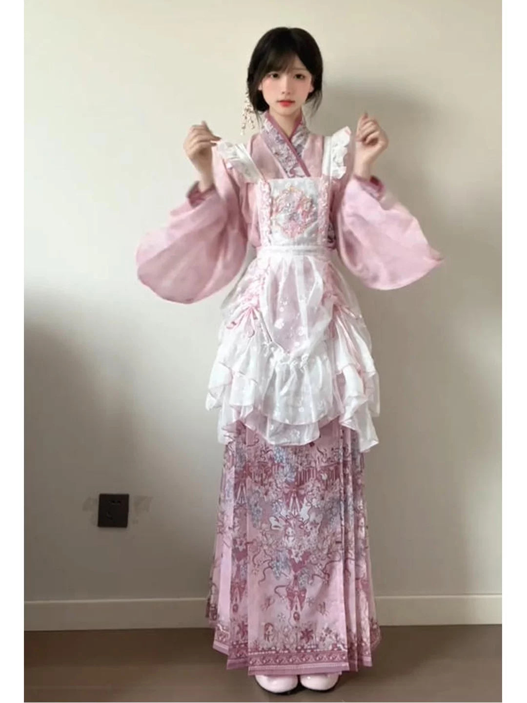 Creamy - Pink Han-Western Fusion - Lolita Fashion Set with Ruffled Overskirt