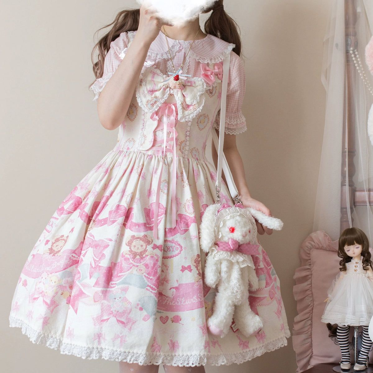 MIST - Kawaii Plaid - Lolita Blouse with Cat-Ear Peter Pan Collar and Lace Trim