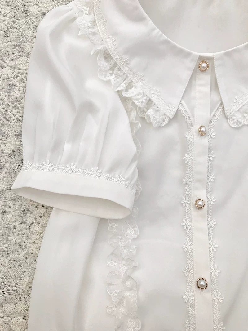 Yilia - Lace Placket - Peter Pan Collar Short Sleeve Blouse