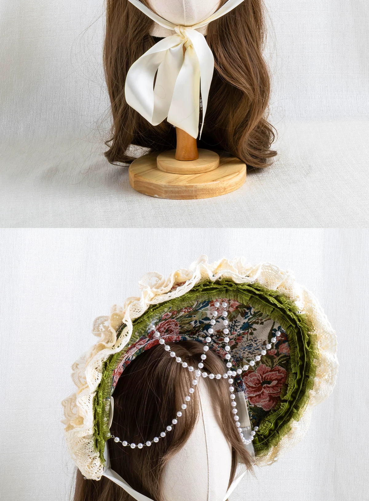 Lightbound Narrative - Manor Rose - Lace-trimmed flat hat or bonnet with floral accents
