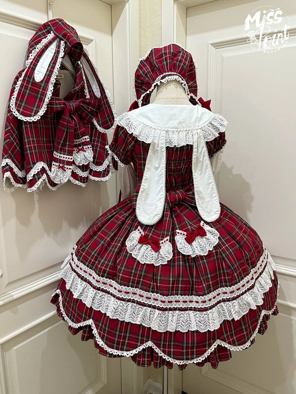 Miss Point - Plaid Petal Bunny - Old School Lolita Plaid OP Dress, Petal-shaped Hem