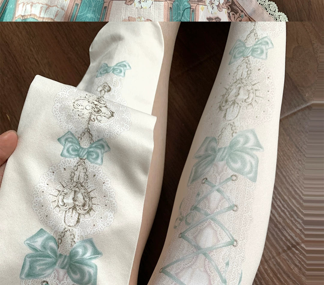 roji roji - Heart-Lock Ribbon - Printed Tights with Heart-Lock Motifs and Bow Accents