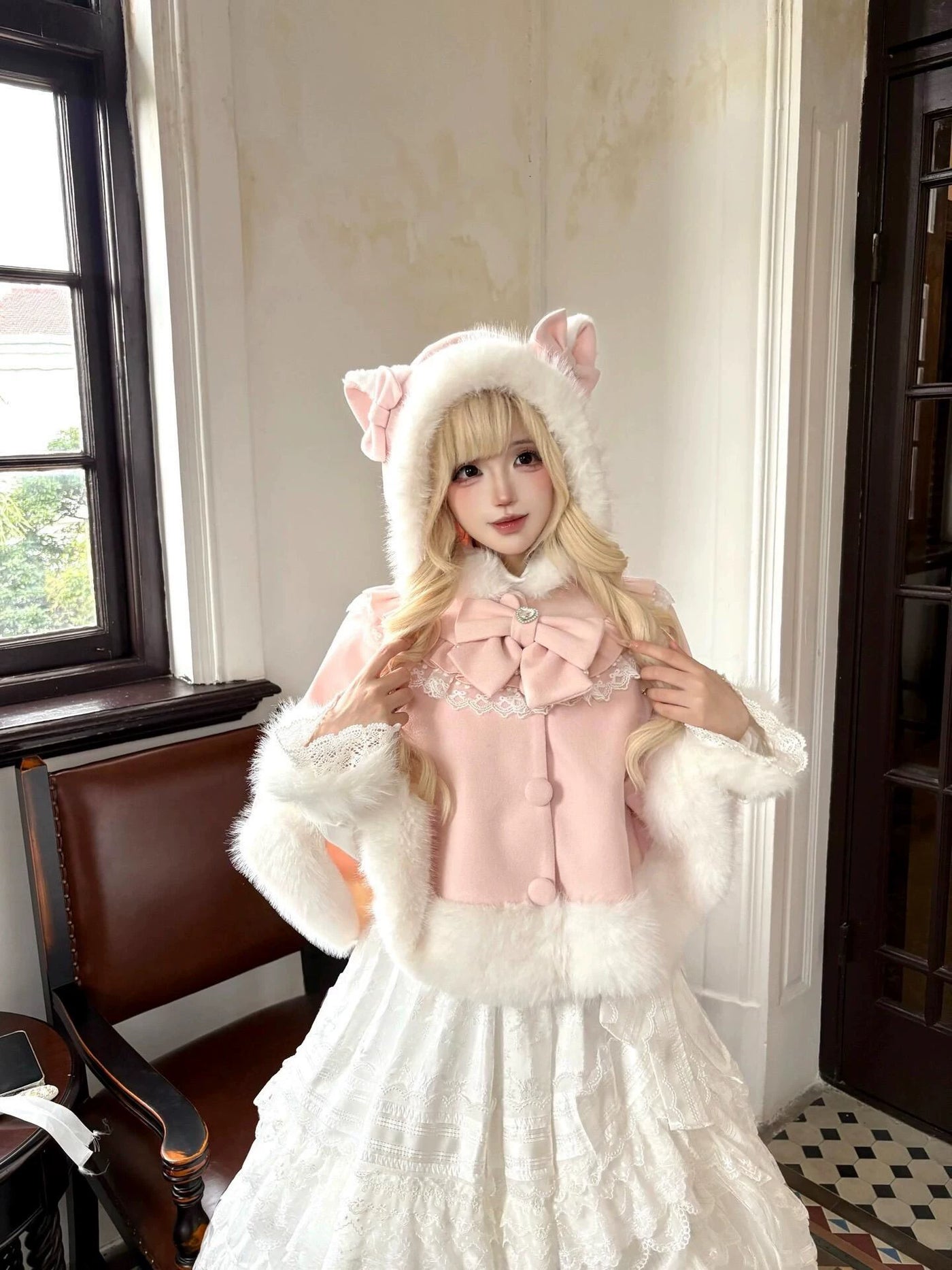 Dream Bunny - Cat-Ear Cape - Cat-ear cape with plush trim and a front bow