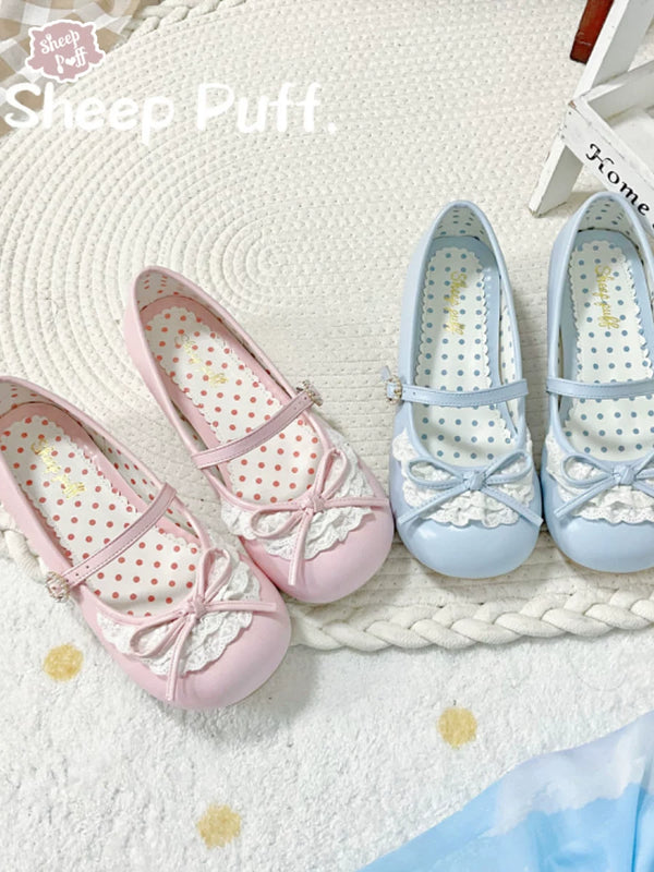 Sheep Puff Little Leila mid heel Lolita shoes with bows and lace detailing, in pastel pink color, perfect for stylish outfits.