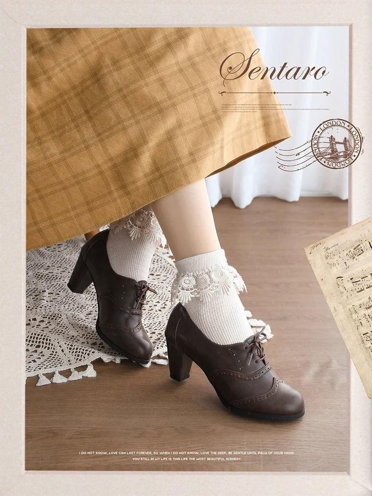Sentaro - Retro Lolita Heel Shoes Handmade - Perforated Strap Leather Shoes Shoes