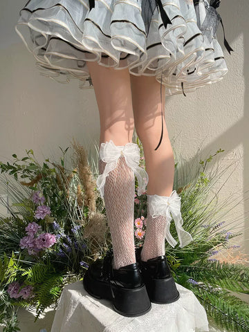 Sock Noble - Organza Heart Lace - Mid-Calf Socks with Oversized Ribbon Bows