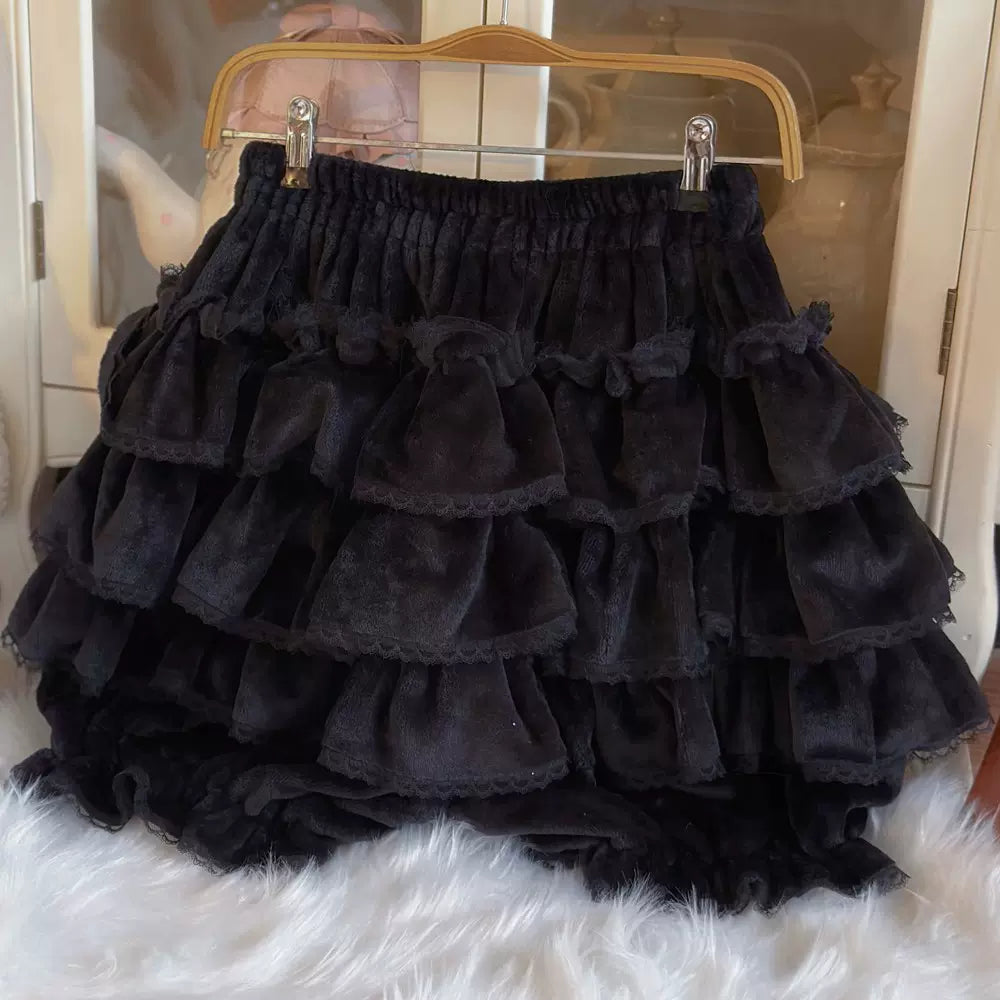 Cotton Lolita Bloomer, Loose Ruffled Hem Black (with velvet) One Size