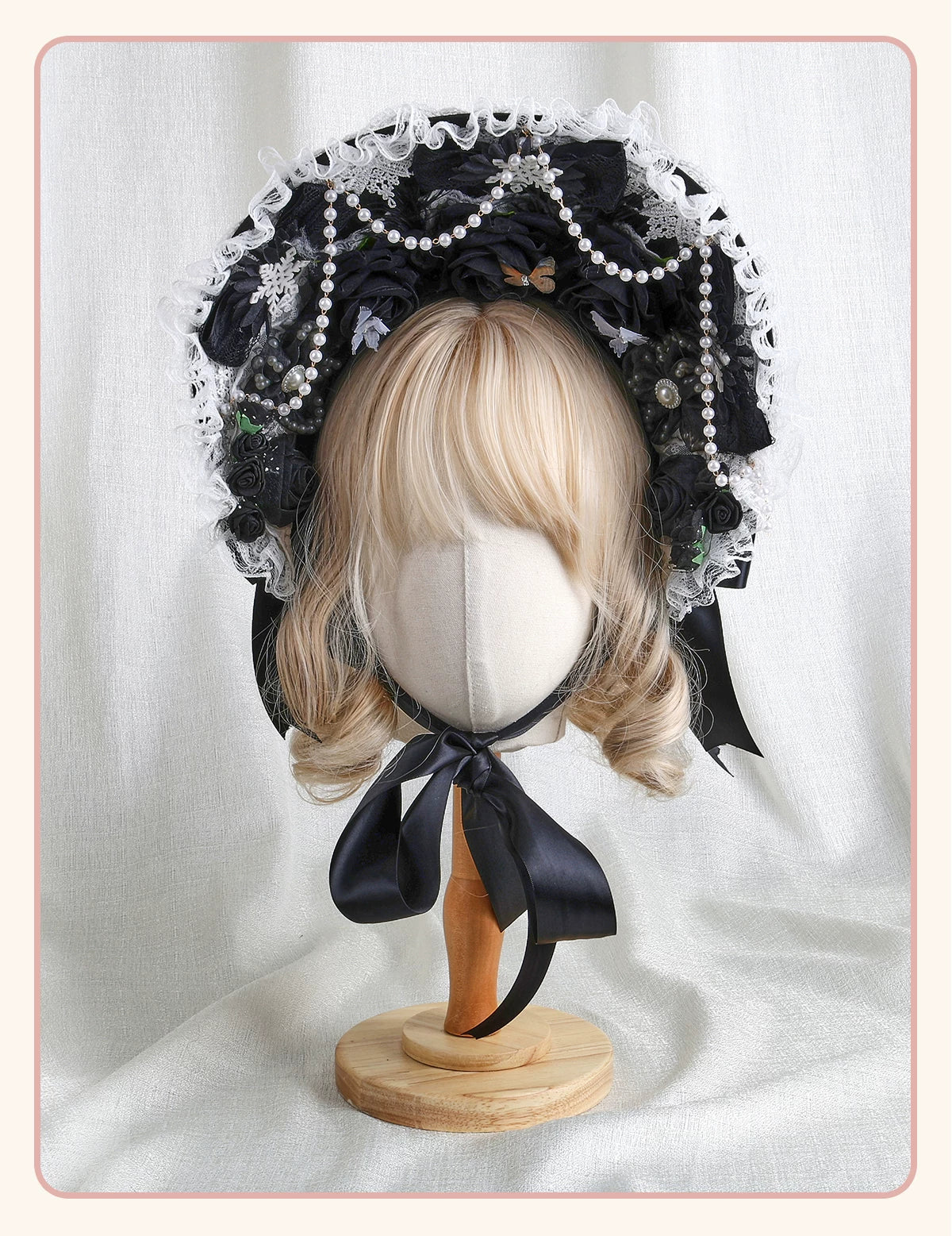 Stardust Rose - Autumn-Winter Dream - Lace-Trimmed Flat Hat with Ribbon Bows