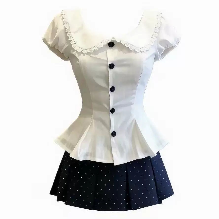 Sweetheart Dream Machine - Heart Button - White Blouse with a Rounded Ruffle-Edged Collar