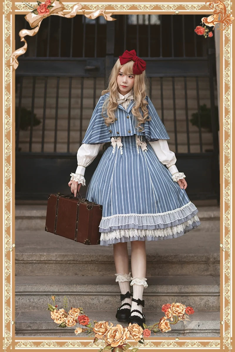 Infanta - Elegant Lolita Stripe High-waist - Jumper Dress Set and Cape SK Skirt