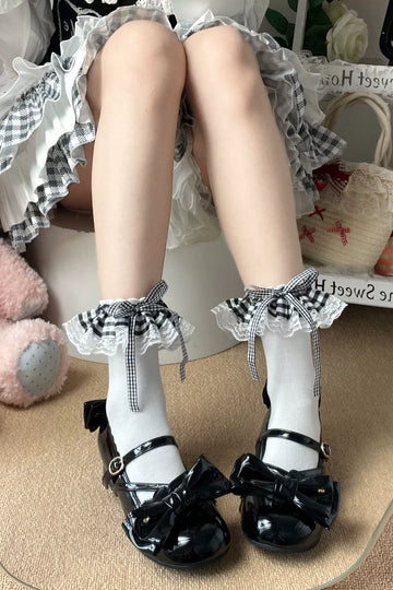 Fantasy Doll - Gingham Ribbon - Black-and-White Lace Socks with Bow Trim