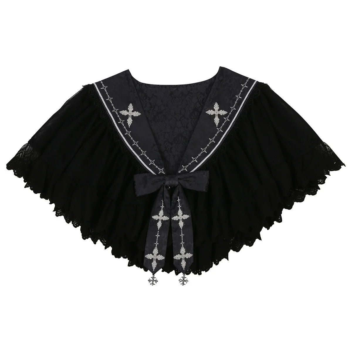 Black Gothic Lolita thin shawl with cross motifs and lace-trimmed edges.