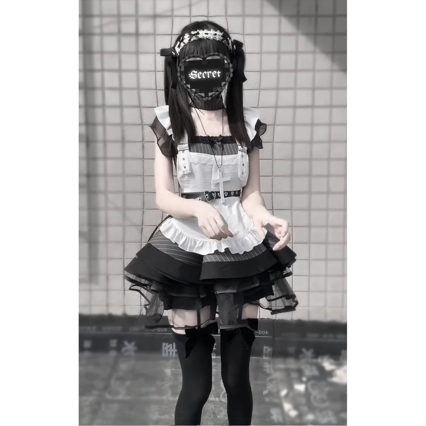 Creamy - Retro Maid - Black-and-White Striped OP Dress Set with Apron
