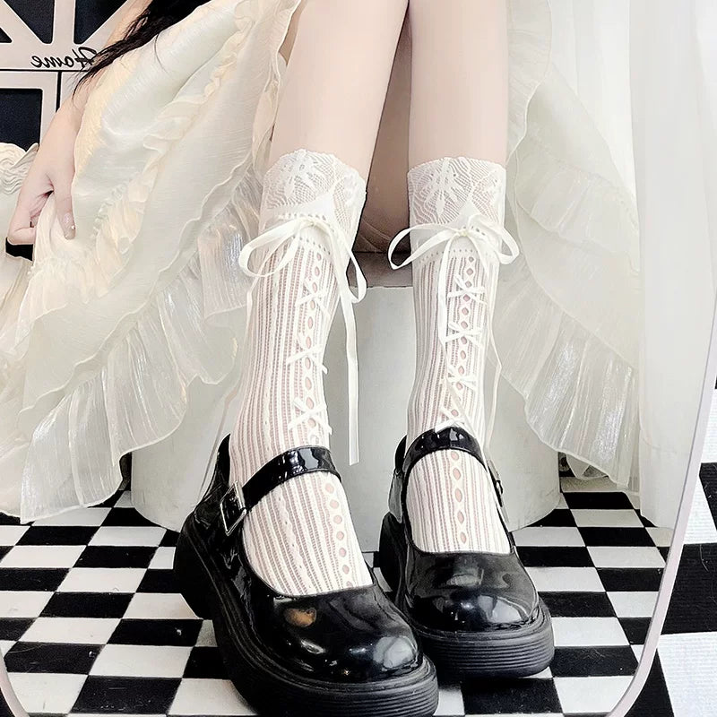 Floral Milk Cat - Ribbon Lace - Thin Lace Calf Socks with Tie Details