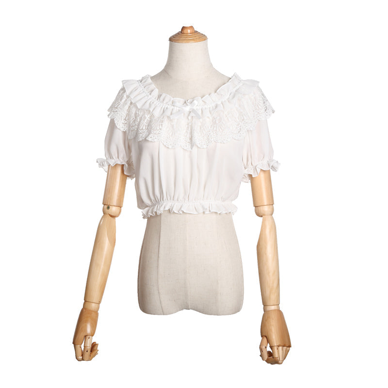 ZhiJinYuan - Open Shoulder - Open-Shoulder Blouse with Lace and Ruffle Hem - product detail 6
