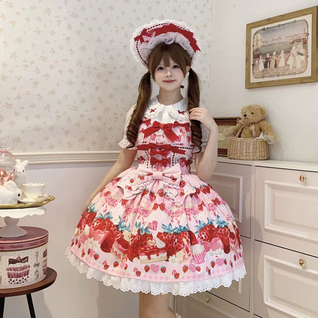 Lady Han Sweet Berry Love Sweet JSK dress by Lolita Fetch featuring a vibrant cherry and berry print on a sweet, feminine dress.