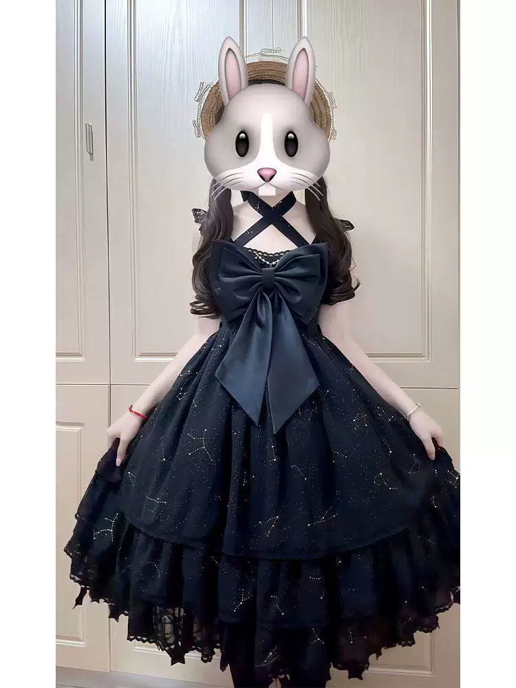 Black Lolita dress with oversized bow and sparkling layered skirt