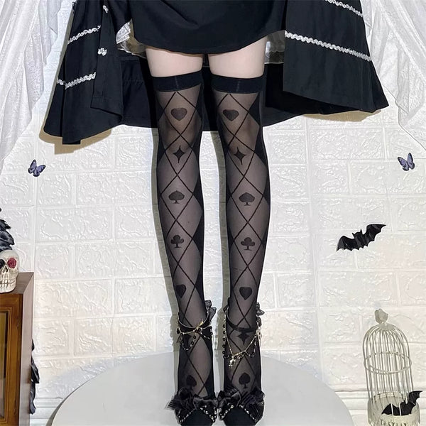 Black sheer over-the-knee stockings with cross-diamond lines and playing-card motifs