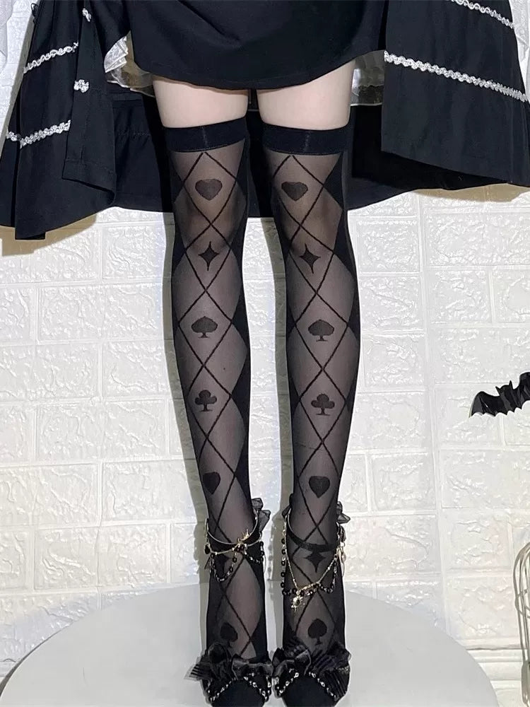 Fantasy Doll - Poker Diamond Grid - Over-the-Knee Socks with Playing-Card Suits