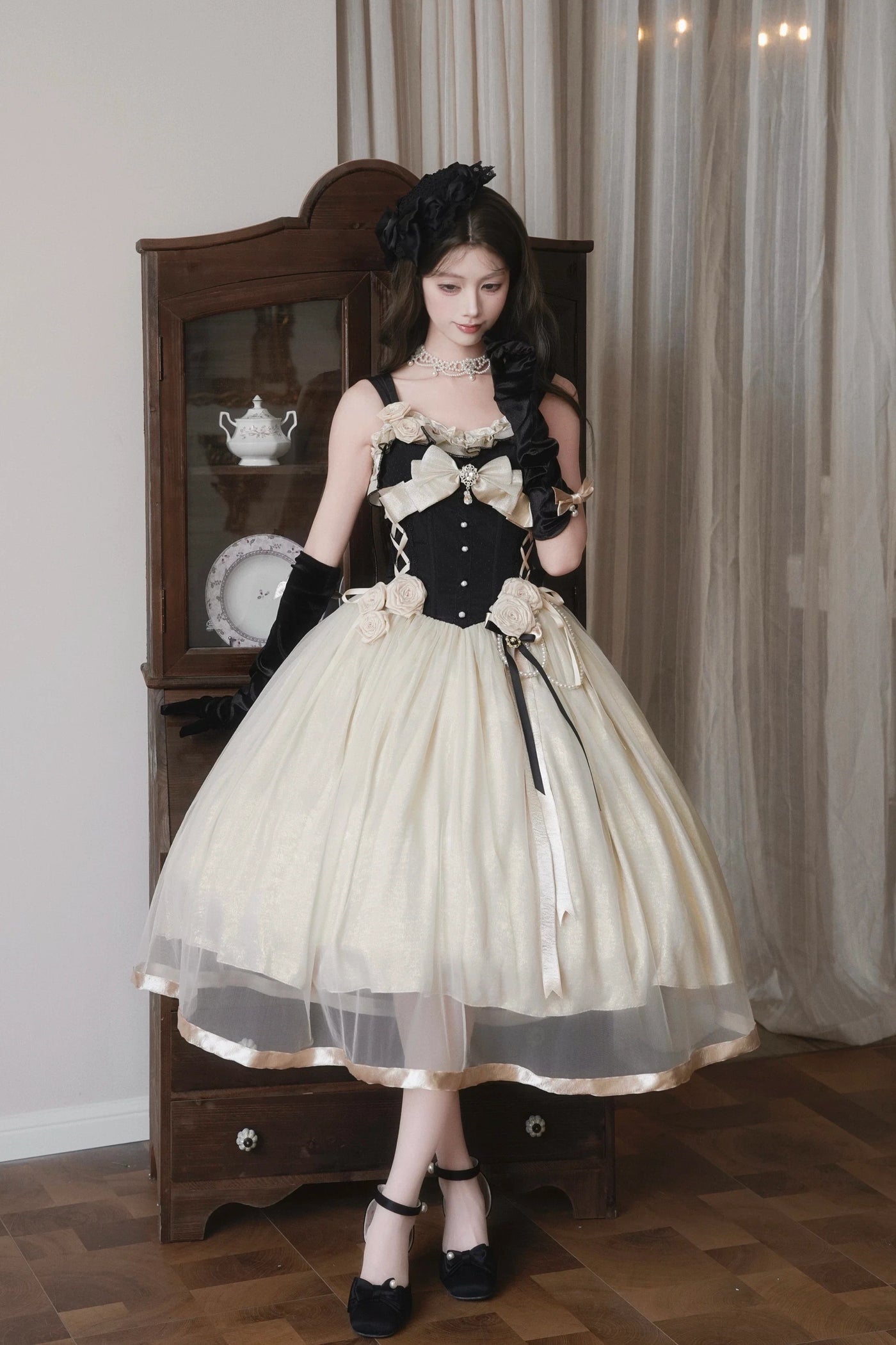 Qianmu - Paris Souvenir - Classic Lolita Corset JSK Dress with 3D Rose Decor