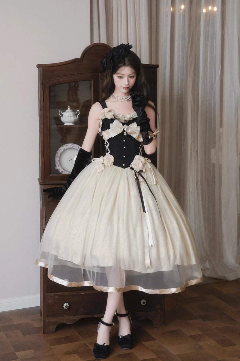 Qianmu - Paris Souvenir - Classic Lolita Corset JSK Dress with 3D Rose Decor