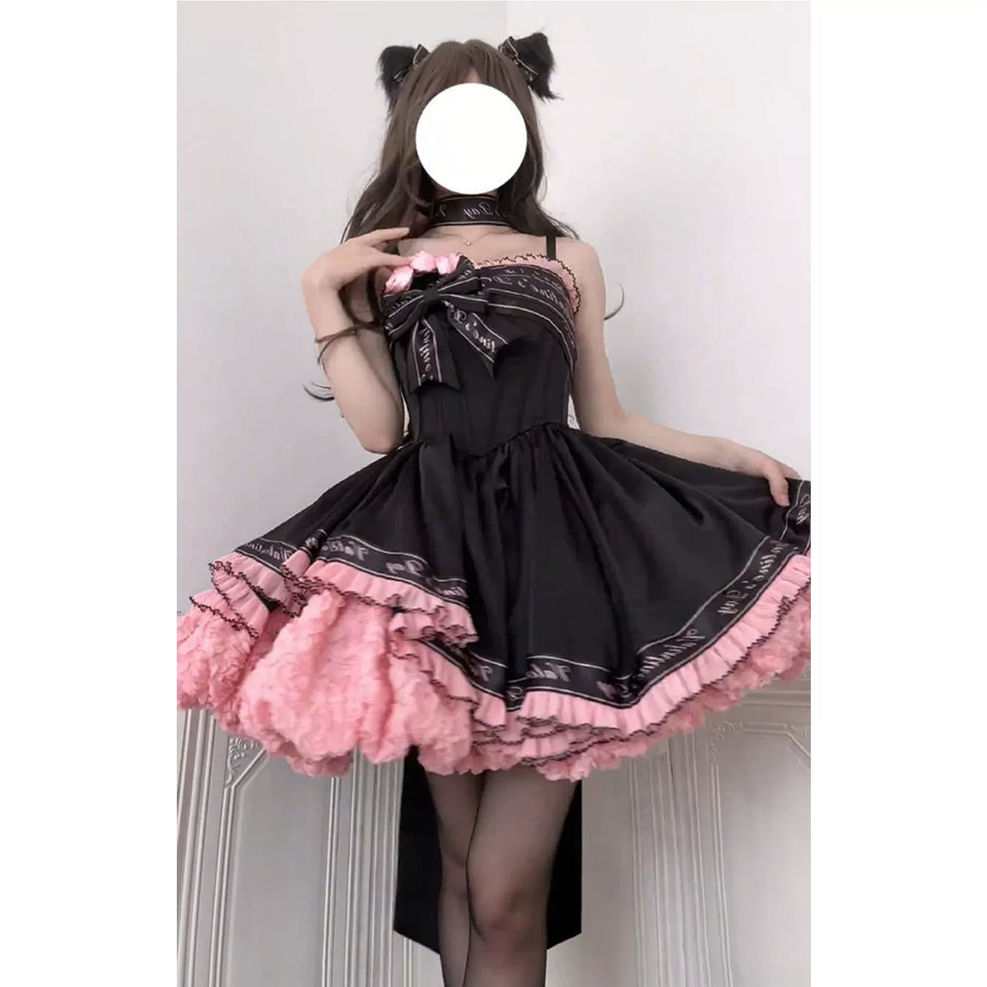 Creamy - Black-Pink Ballet - Dress set with layered pink ruffles