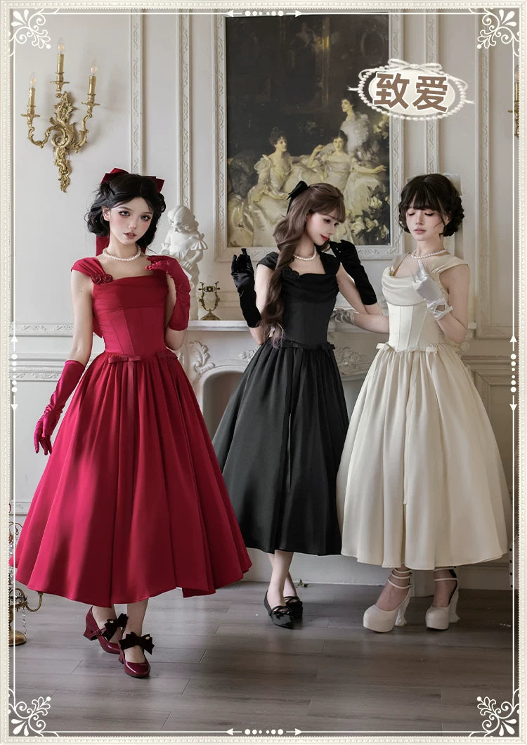 With PUJI - For Beloved - Classic Lolita Satin JSK Dress Set, Fishbone Waist detail view 6