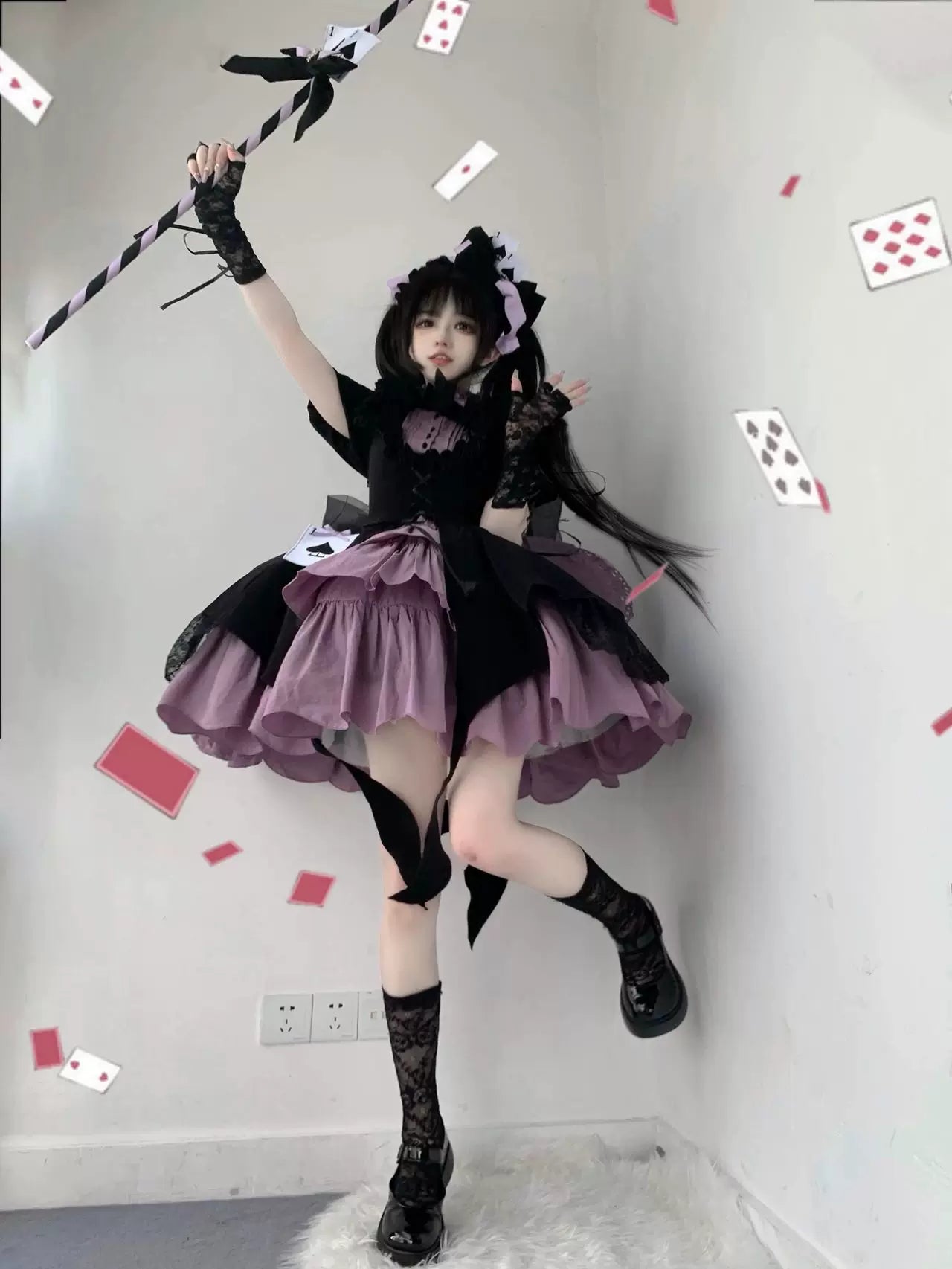 Creamy - Black-Purple Magic Girl - High-Waist One-Piece Dress Set