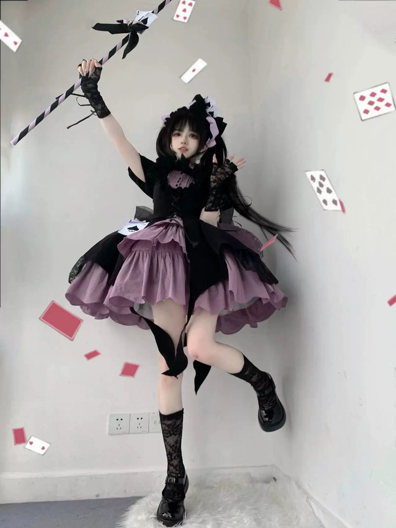 Creamy - Black-Purple Magic Girl - High-Waist One-Piece Dress Set