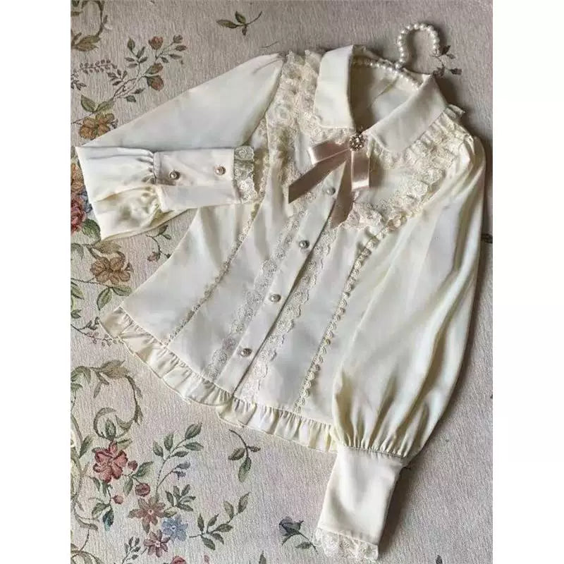 Sweetheart Dream Machine - Lace Ruffle Inner - Long-Sleeve Blouse with a Lace-Trimmed Collar